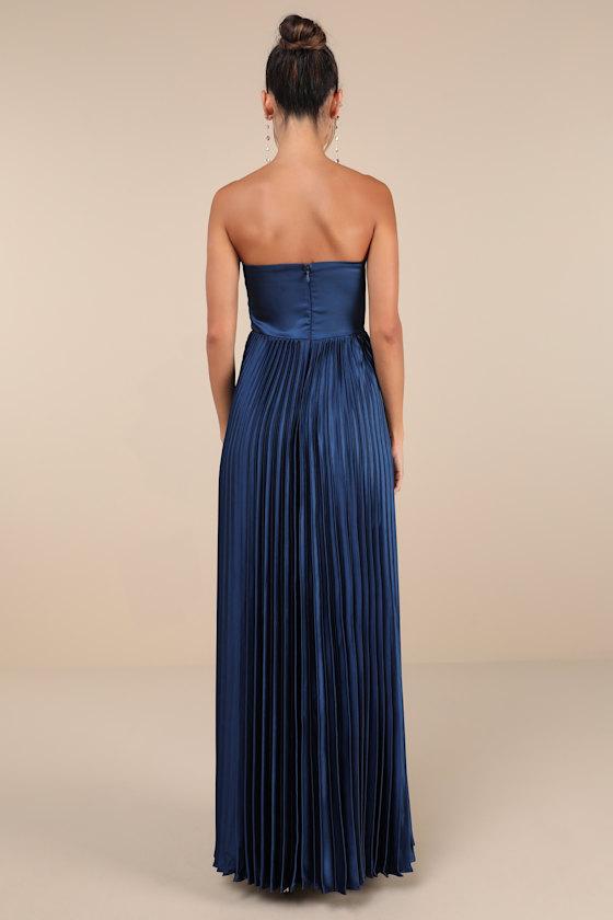 Perfected Elegance Navy Blue Satin Pleated Strapless Maxi Dress Product Image