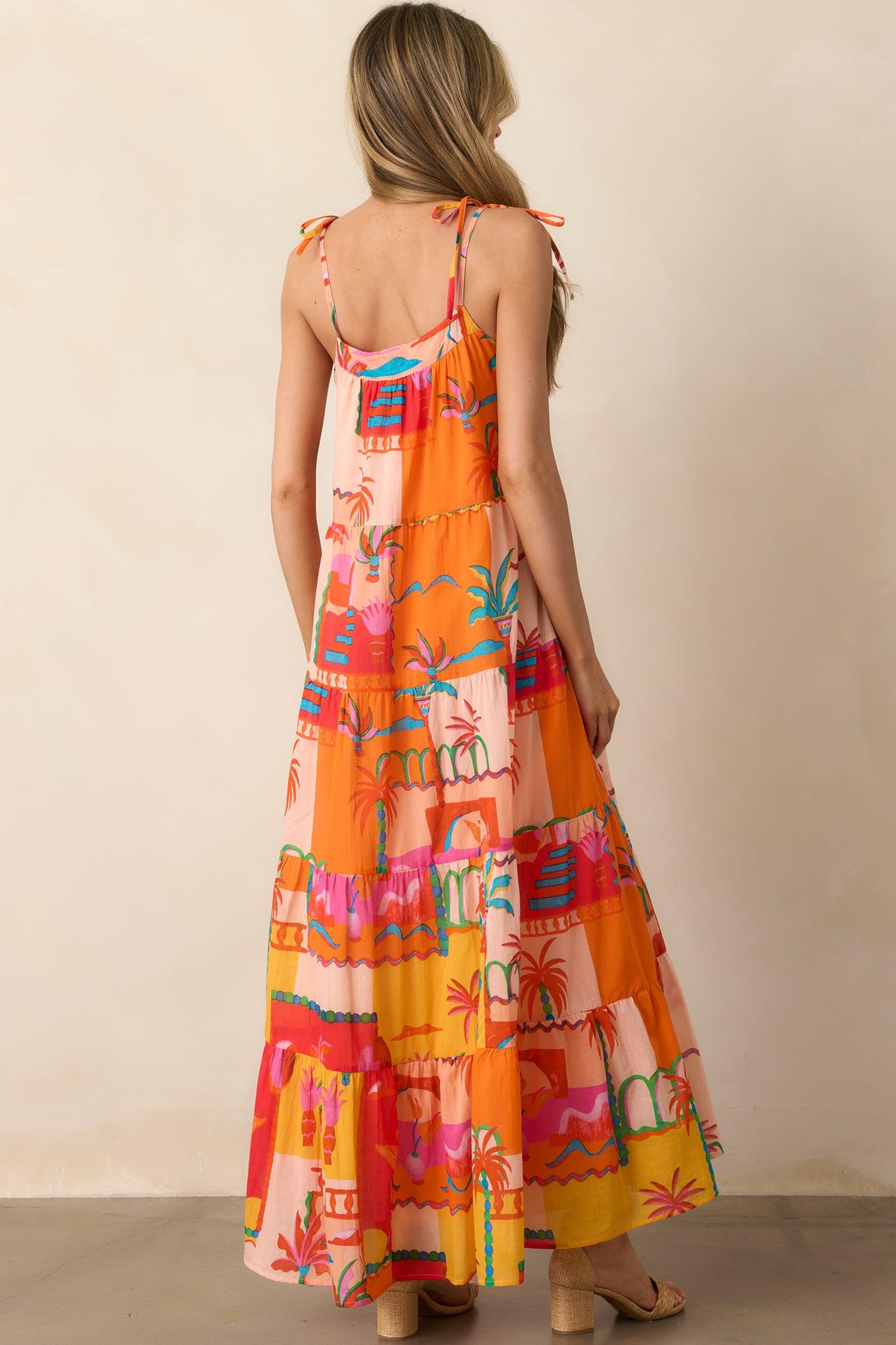 Seaside Soiree Orange Tropical Print Cotton Maxi Dress Product Image