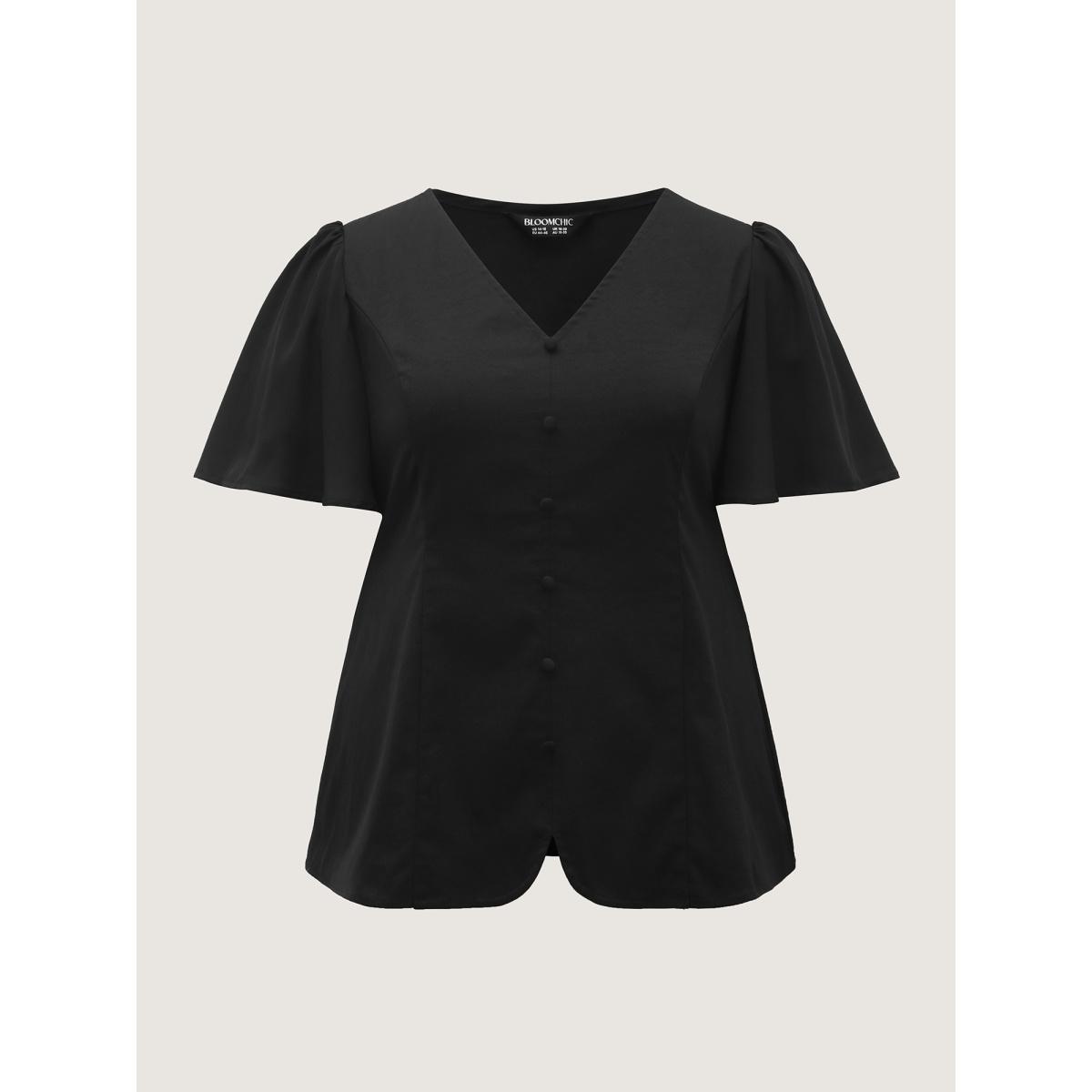 Plus Size Black Cinched Flared Waist Button Detail Blouse Women Timeless Short sleeve V-neck Elegant Blouses BloomChic 14-16/1X Product Image