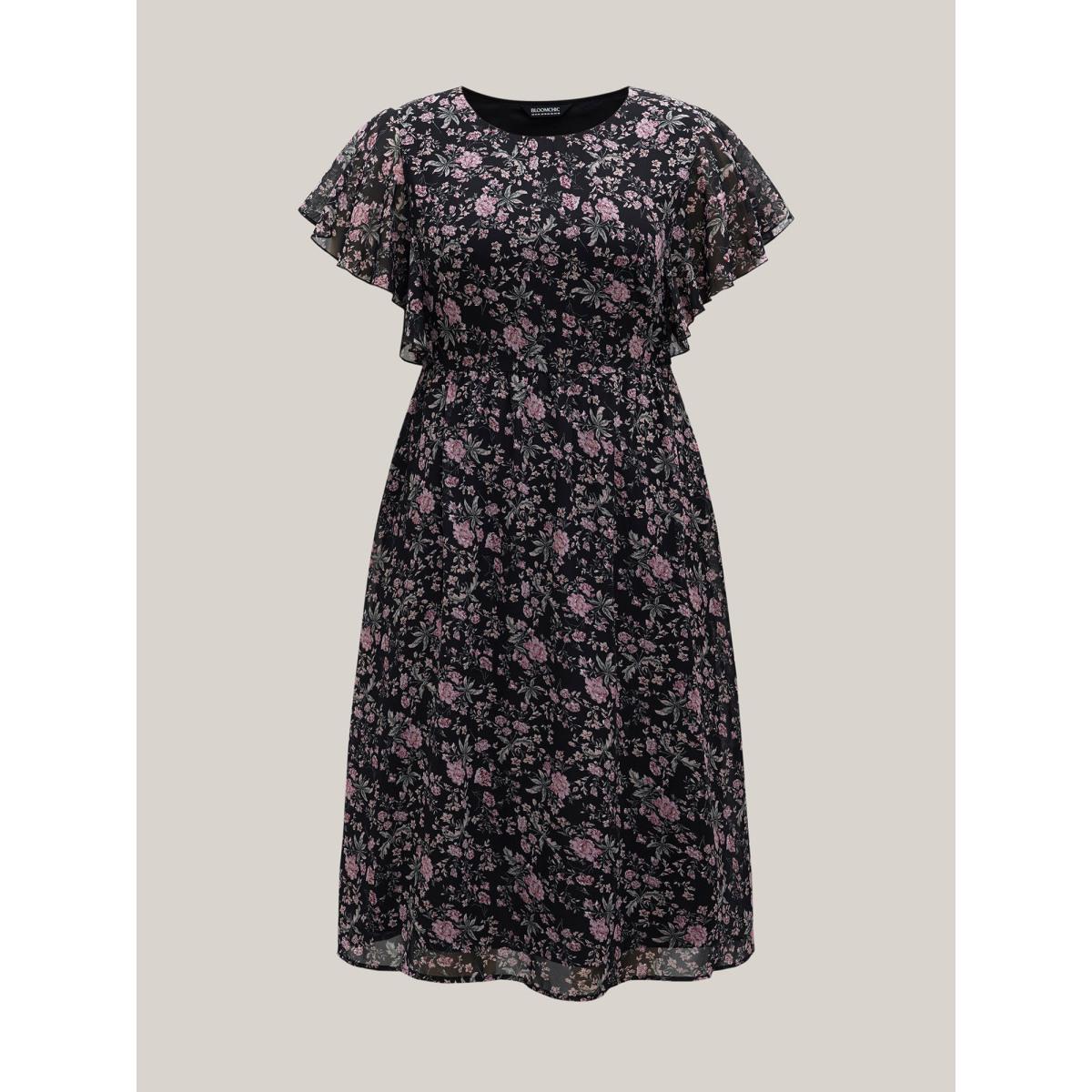 Plus Size Chiffon Floral Print Ruffled Midi Dress BlackFlower Women Romantic Ruffles Round Neck Short sleeve Curvy BloomChic 22-24/3X Product Image