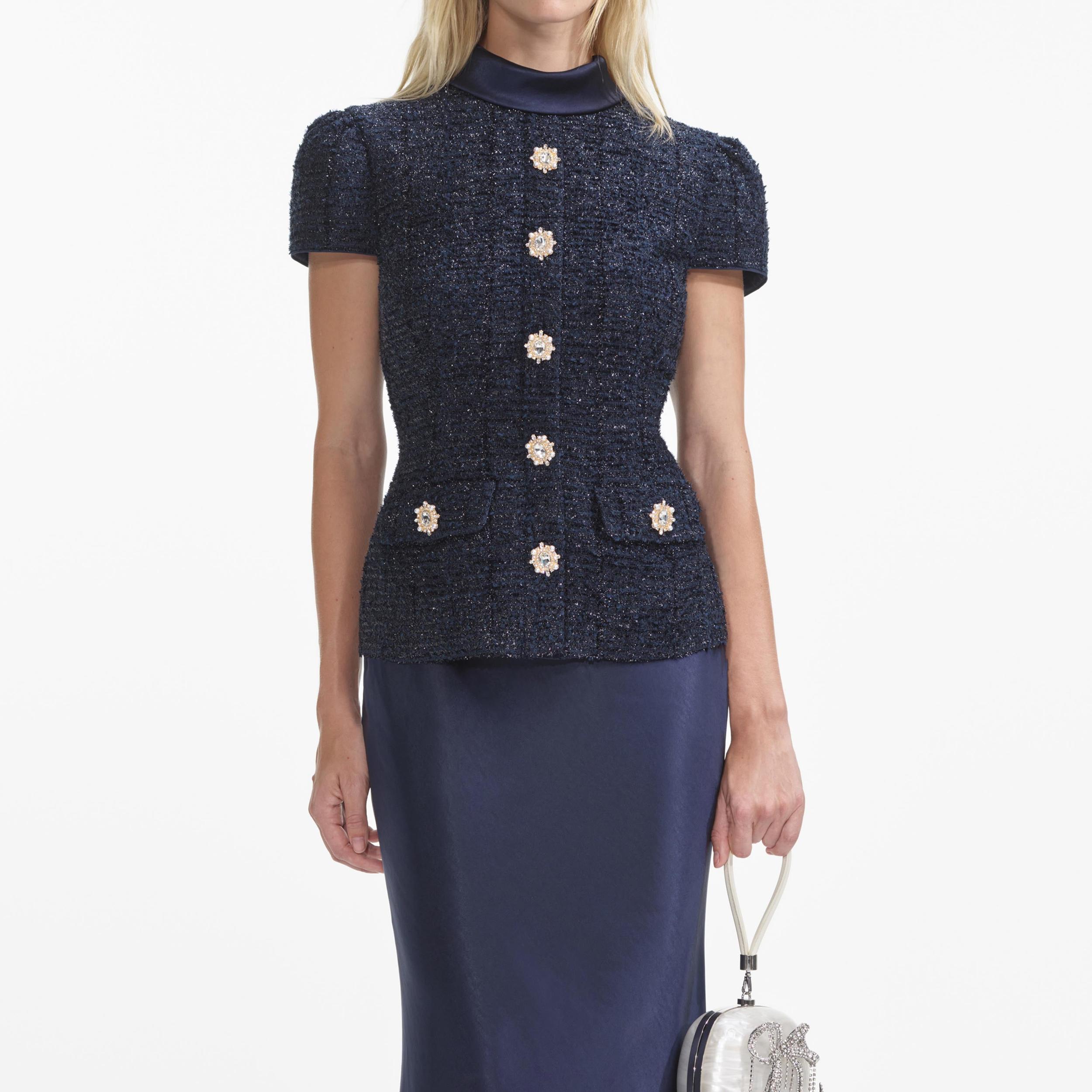 Navy Metallic Boucle Maxi Dress Product Image