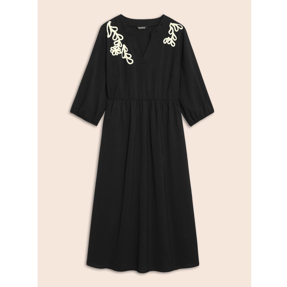 Plus Size Notched Stereo Flower Design Midi Dress Black Women Resort Woven ribbon&lace trim Notched collar Elbow-length sleeve Curvy BloomChic 30/6X Product Image