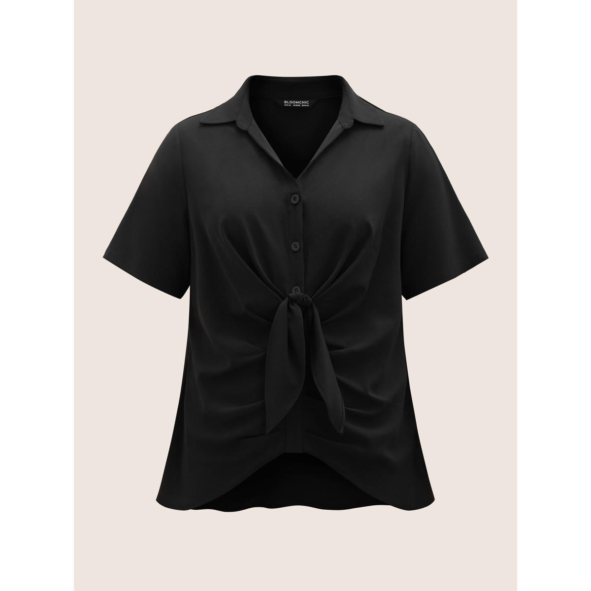 Plus Size Black Plain Tie Knot Stretchy Woven Pleated Blouse Women Work From Home Short sleeve Shirt collar Work Blouses BloomChic 18-20/2X Product Image