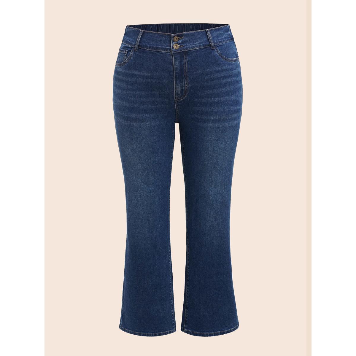 Plus Size Dark Wash Slanted Pocket Straight Leg Jeans Women Denimblue Casual Button Medium stretch Slanted pocket Jeans BloomChic 30/6X Product Image