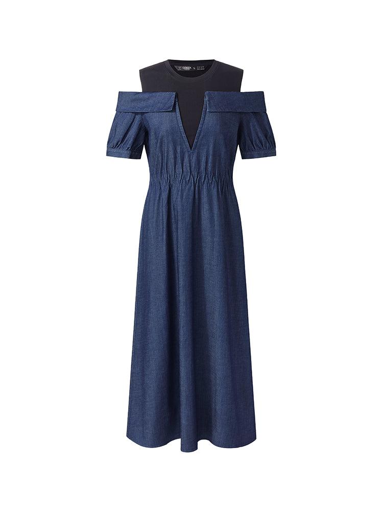Denim Lyocell Cold Shoulder Patchwork Women Midi Dress Product Image