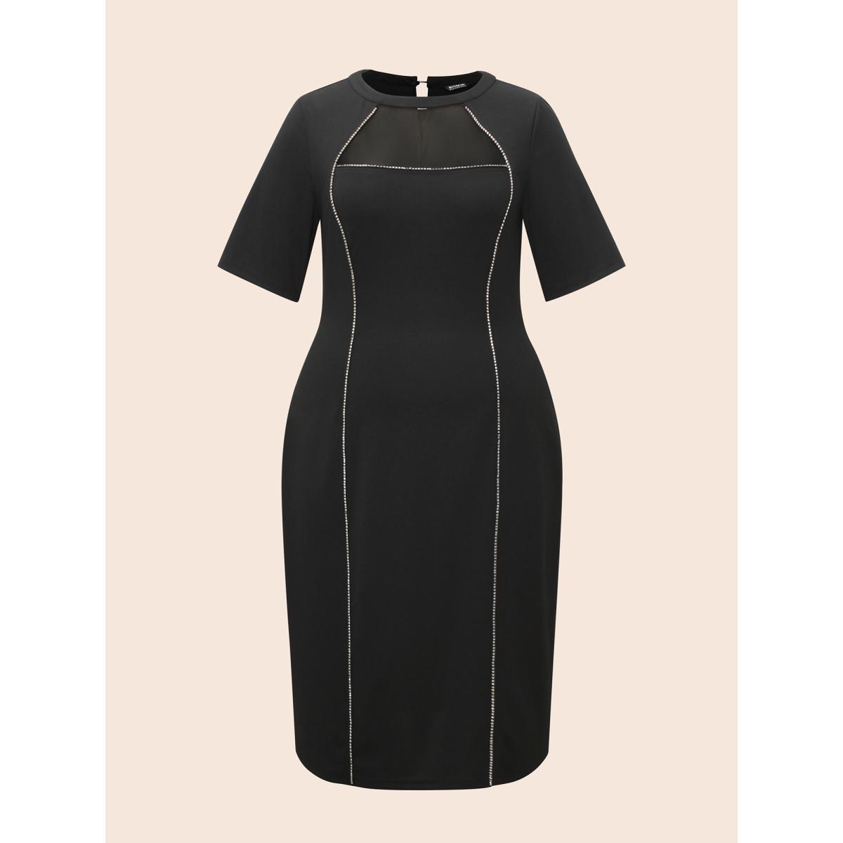 Plus Size Crew Neck Rhinestone Patchwork Mesh Dress Black Women Cocktail Rhinestone detailing Party Curvy Bloomchic 22-24/3X Product Image