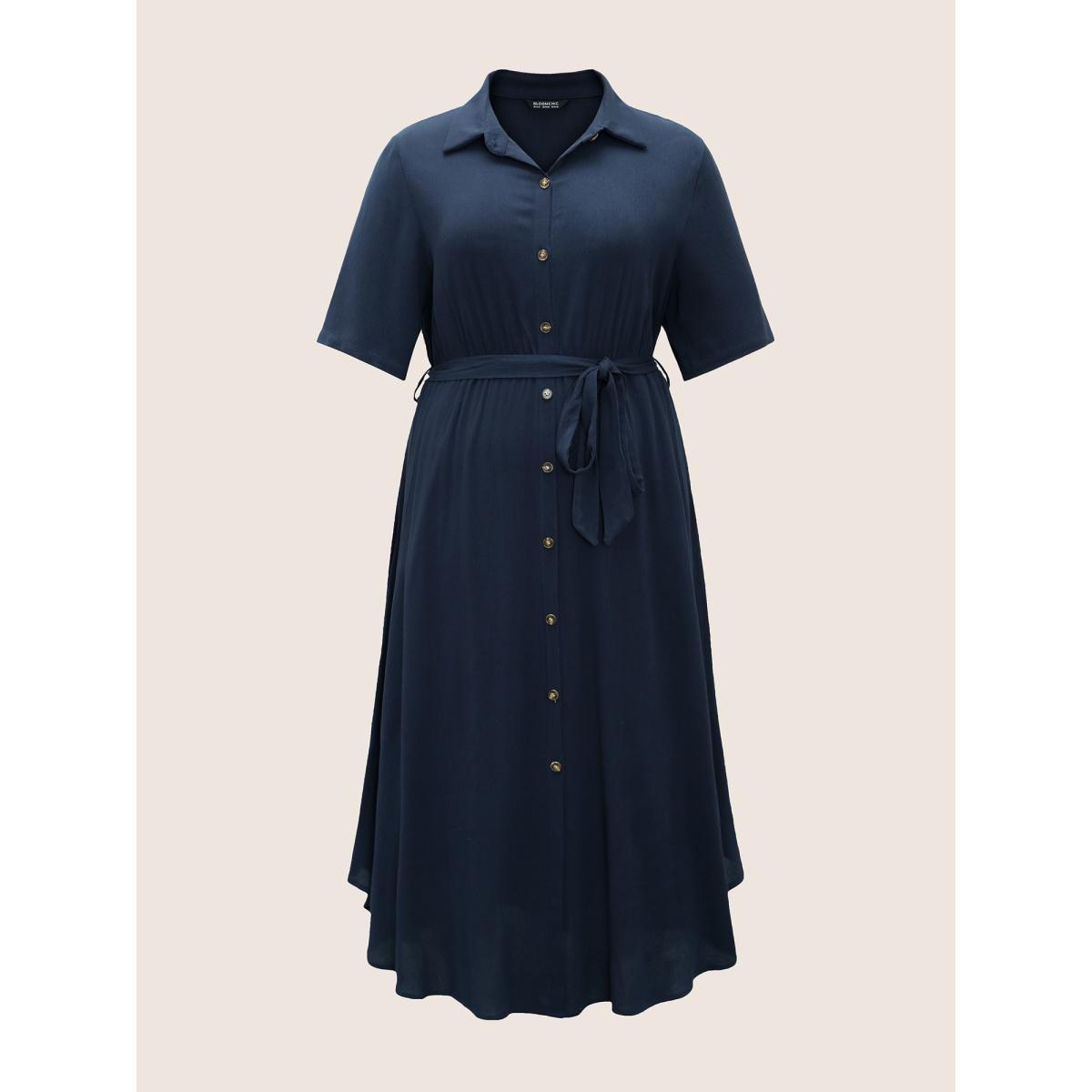 Belted Shirt Collar Button Plus Size Shirtdress Women Workleisure Plain Sleeve Short Sleeve Shirt Collar Pocket Workwear Long Dress BloomChic Product Image