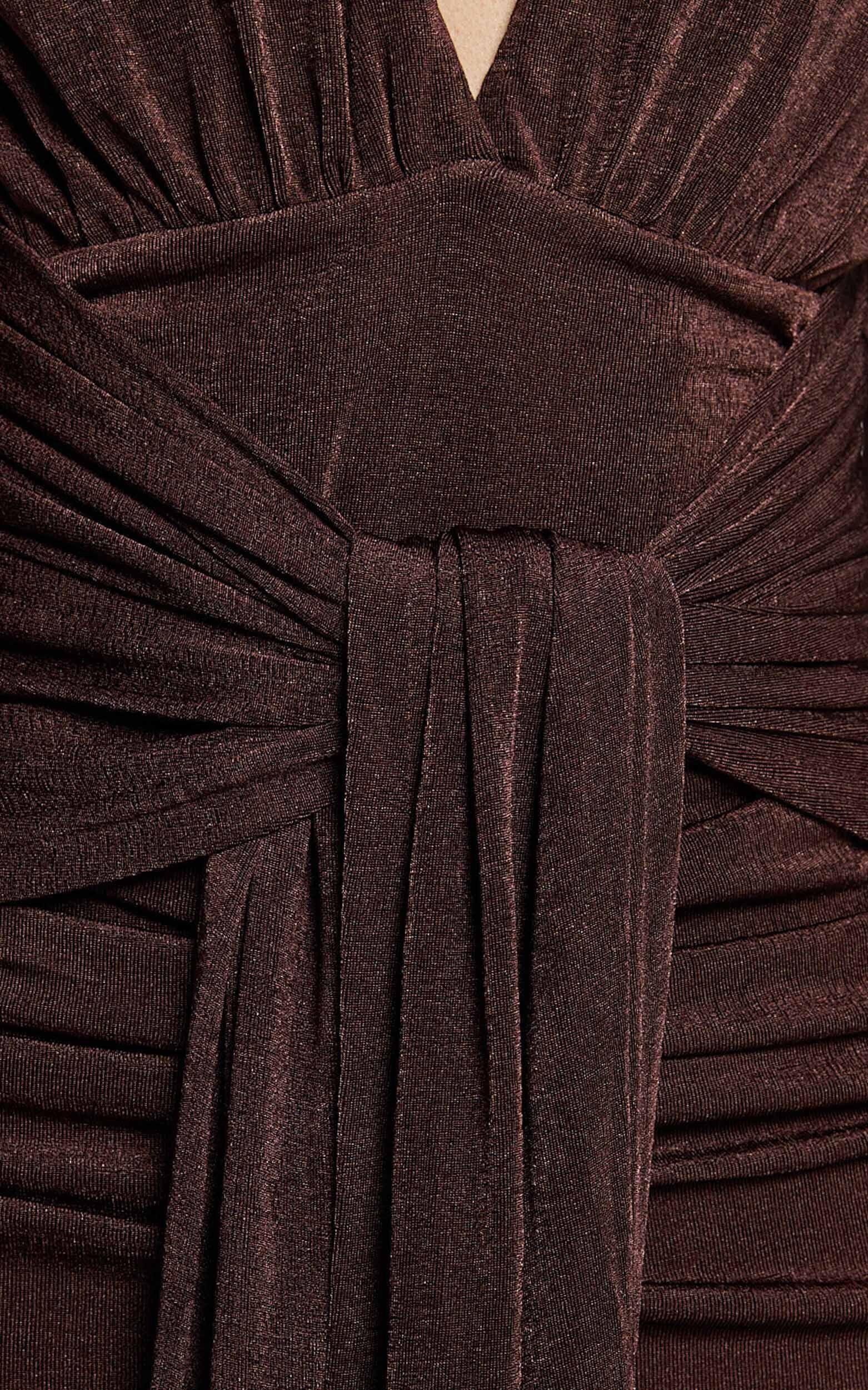 Melanie Midi Dress - Plunge Long Sleeve Tie Front Dress in Chocolate Product Image