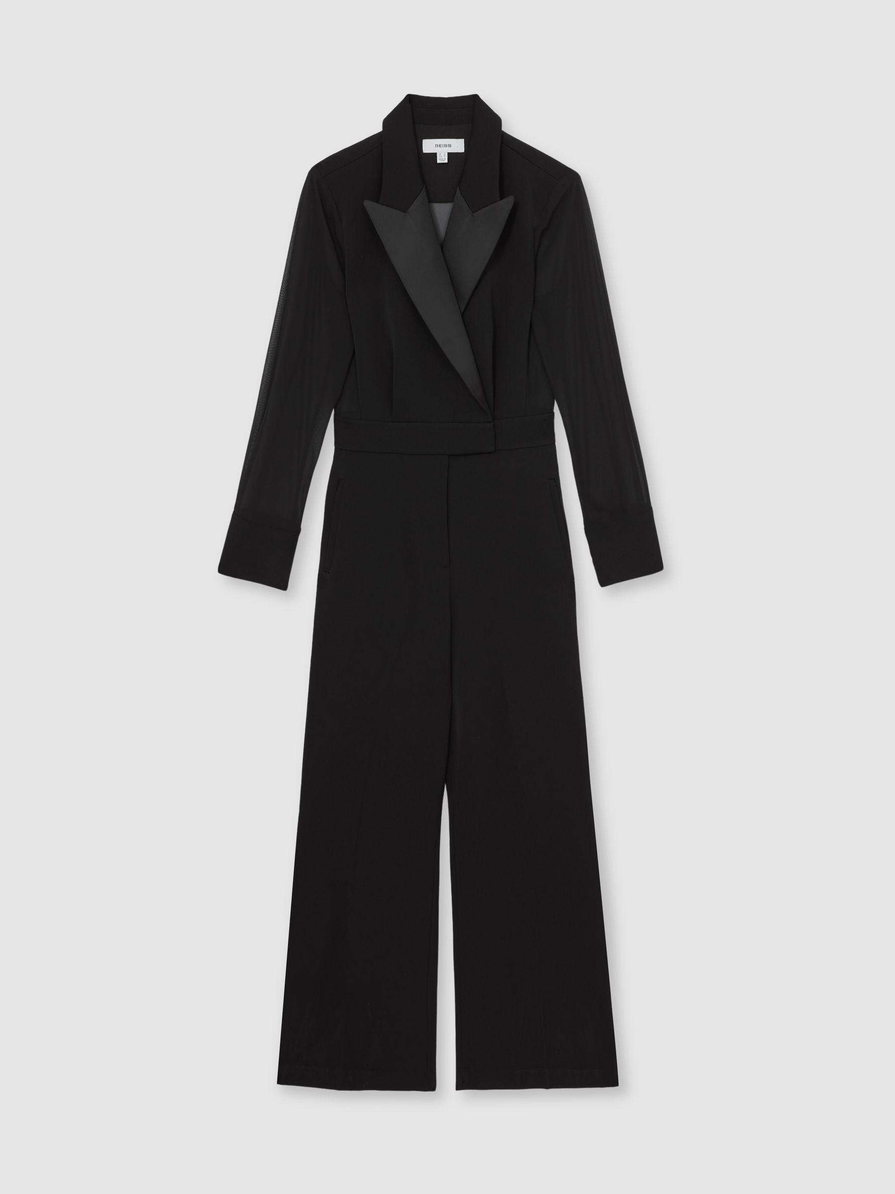 Sheer-Sleeve Tuxedo Jumpsuit in Black Product Image