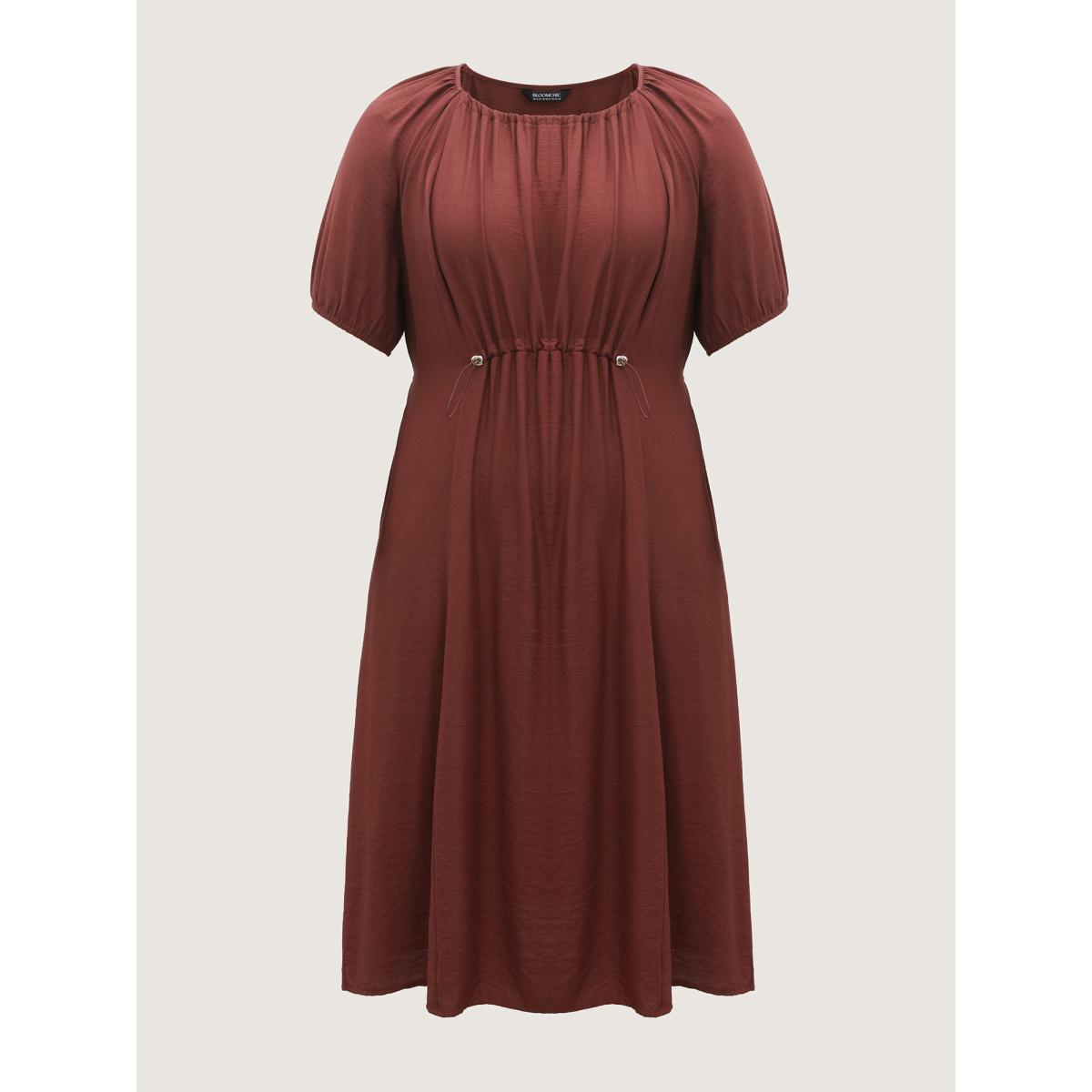 Plus Size Rayon Pleated Waist-Cut Midi Dress Yellowishbrown Women Round Neck Short sleeve Curvy BloomChic 14-16/1X Product Image