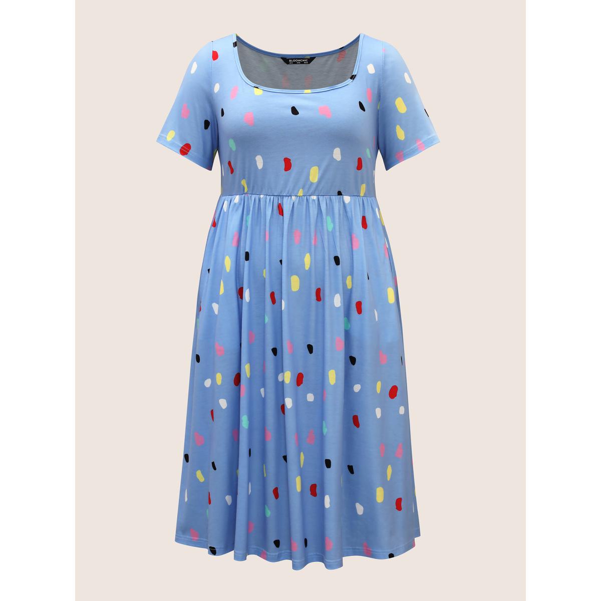 Plus Size Polka Dot Square Neck Slit Hem Dress Skyblue Women Casual Slit Square Neck Short sleeve Curvy BloomChic 26/4X Product Image
