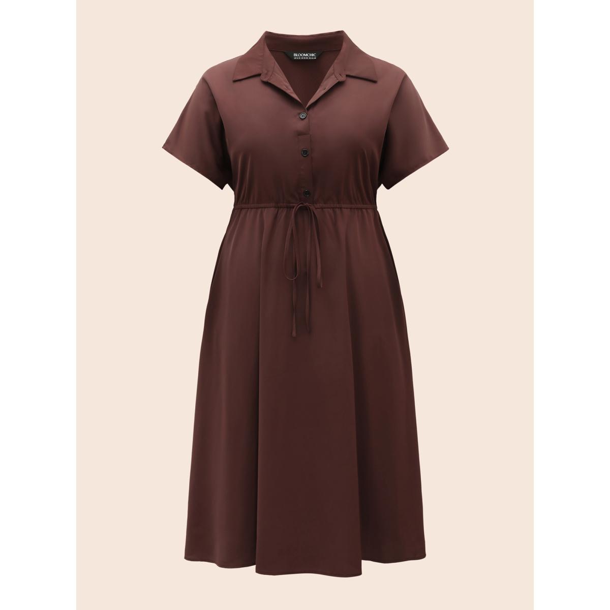 Plus Size Shirt Collar Batwing Sleeve Drawstring Dress Browncoffeecolor Women At the Office Drawstring Shirt collar Short sleeve Curvy BloomChic 18-20/2X Product Image
