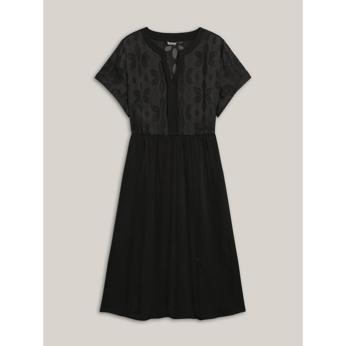 Plus Size Sheer Back Textured Cut-Out Midi Dress Black Women Office Texture Notched collar Short sleeve Curvy BloomChic 14-16/1X Product Image