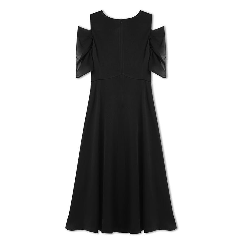 Black Triacetate Gathered Waist V-Neck Midi Dress Product Image