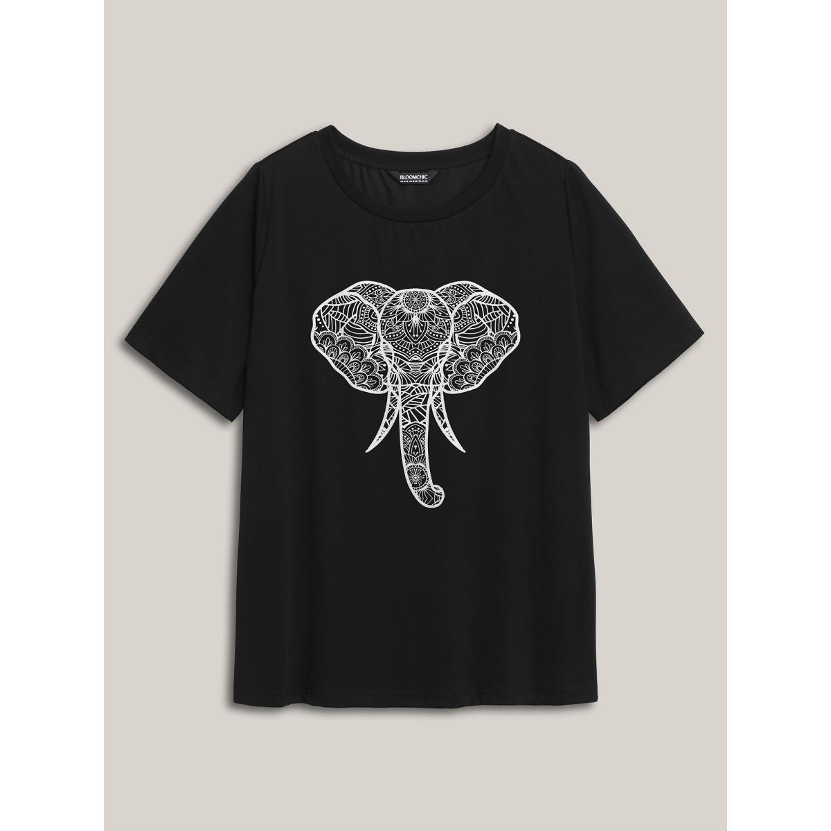 Plus Size Elephant Abstract Print Round Neck T-Shirt Black Women Non Animals Round Neck Casual T-shirts BloomChic 30/6X Product Image