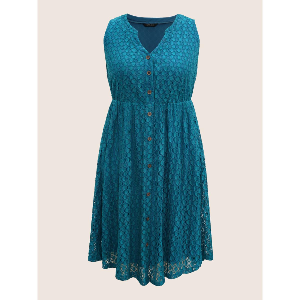 Plus Size Textured Notched Button Detail Sleeveless Dress Cerulean Women At the Office Non Notched collar Sleeveless Curvy Midi Dress BloomChic 30/6X Product Image