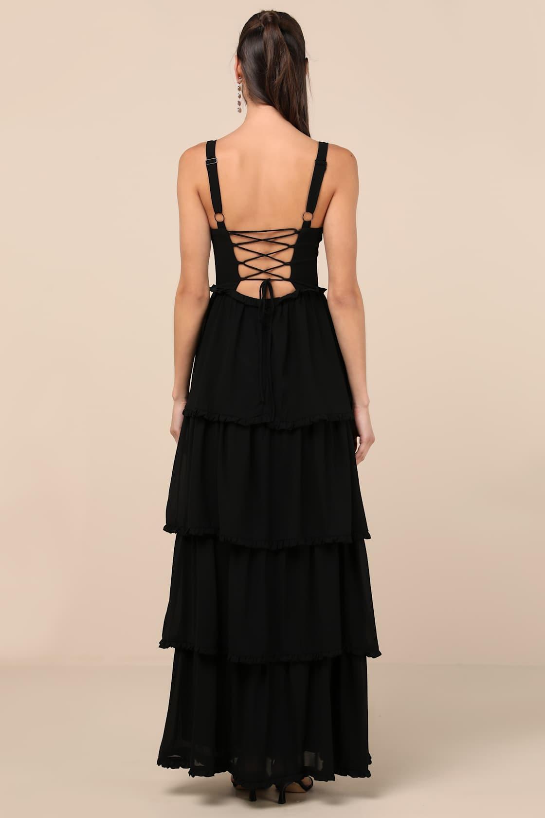 Sophisticated Occasion Black Bustier Lace-Up Maxi Dress Product Image