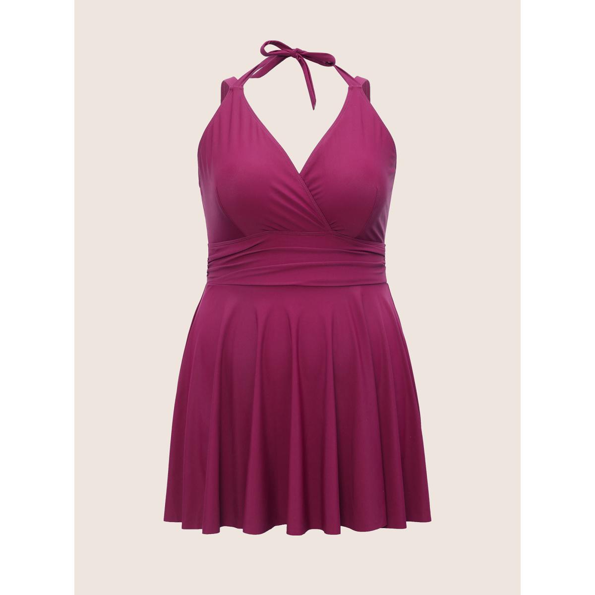 Plus Size Solid Ruffle Hem Empire Waist Halter Neck Swim Dress Women's Swimwear RedViolet Resort Bodycon Halter neck High stretch Curve Swim Dresses BloomChic 12/L Product Image