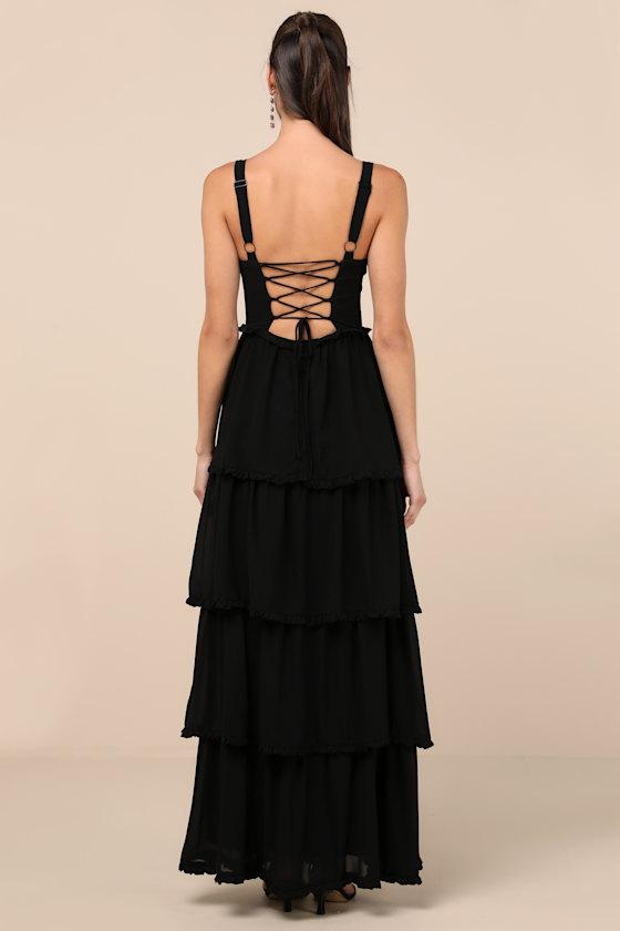Sophisticated Occasion Black Bustier Lace-Up Maxi Dress Product Image