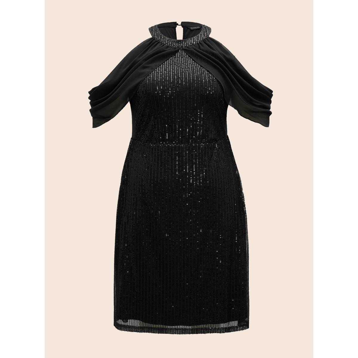 Plus Size Sequin Mesh Off Shoulder Dress Black Women Cocktail Texture Round Neck Short sleeve Curvy BloomChic 28/5X Product Image