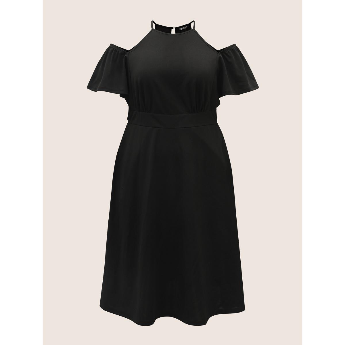 Plus Size Cold Shoulder Flutter Sleeve Midi Dress Black Women At the Office Gathered Round Neck Short sleeve Curvy BloomChic 30/6X Product Image