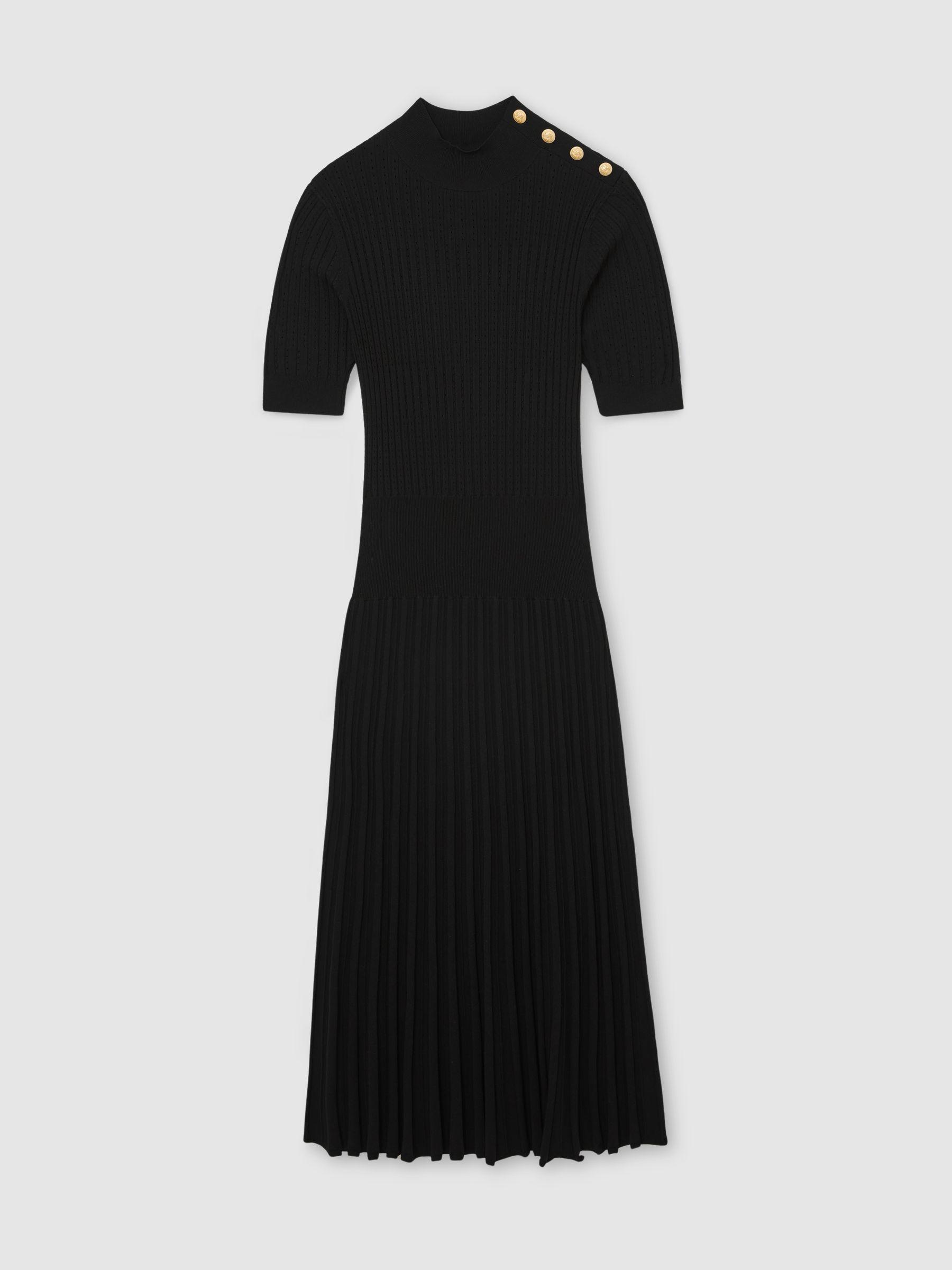 Petite Button-Detail Knitted Midi Dress in Black Product Image