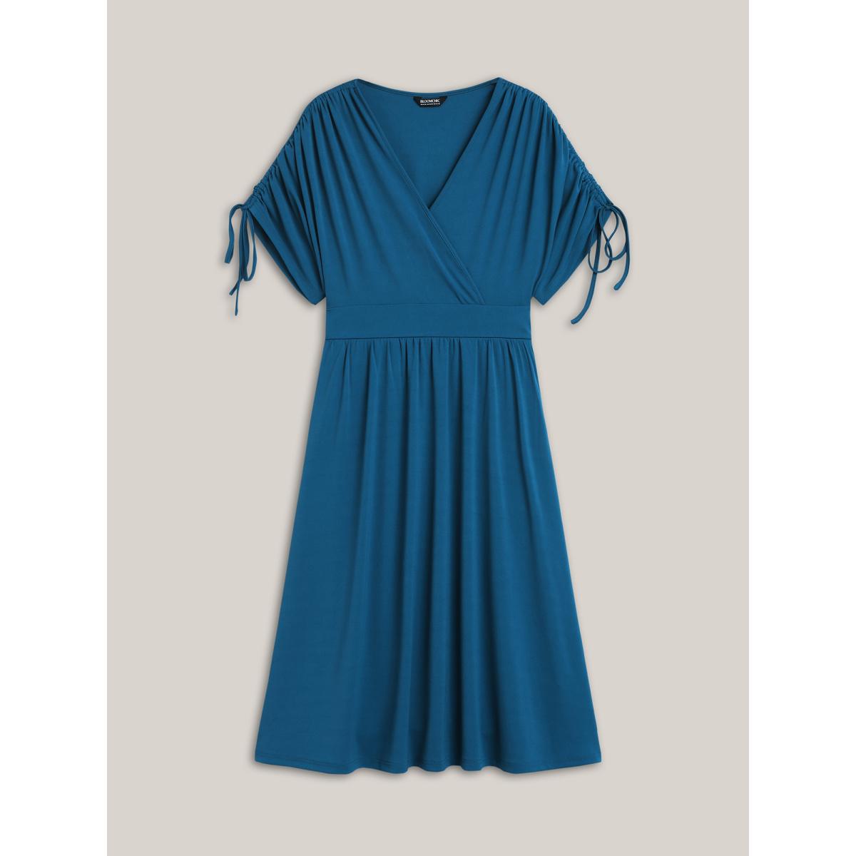 Plus Size Drawstring Shoulder Surplice Neck Stretchy Midi Dress Cyan Women Casual Drawstring Knit Dresses Bloomchic 10/M Product Image