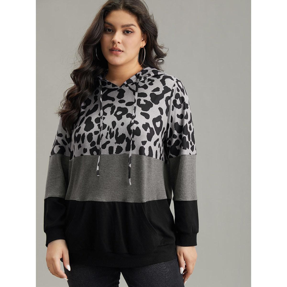 Plus Size Leopard Colorblock Contrast Hooded Drawstring Sweatshirt Women Black Casual Contrast Hooded Dailywear Sweatshirts BloomChic 10/M Product Image