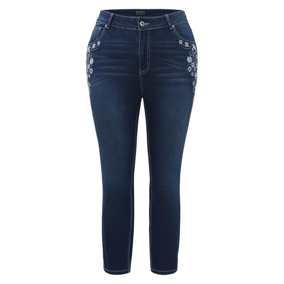 Plus Size Floral Embroidered High Rise Skinny Jeans Women DarkBlue Casual Natural Flowers Zipper High stretch Pocket Jeans BloomChic 18/2X Product Image