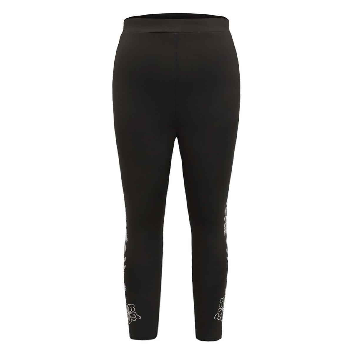 Plus Size Floral Rhinestone Patchwork High Rise Leggings Women Black Casual High stretch Skinny High Rise Dailywear Leggings BloomChic 28/5X Product Image