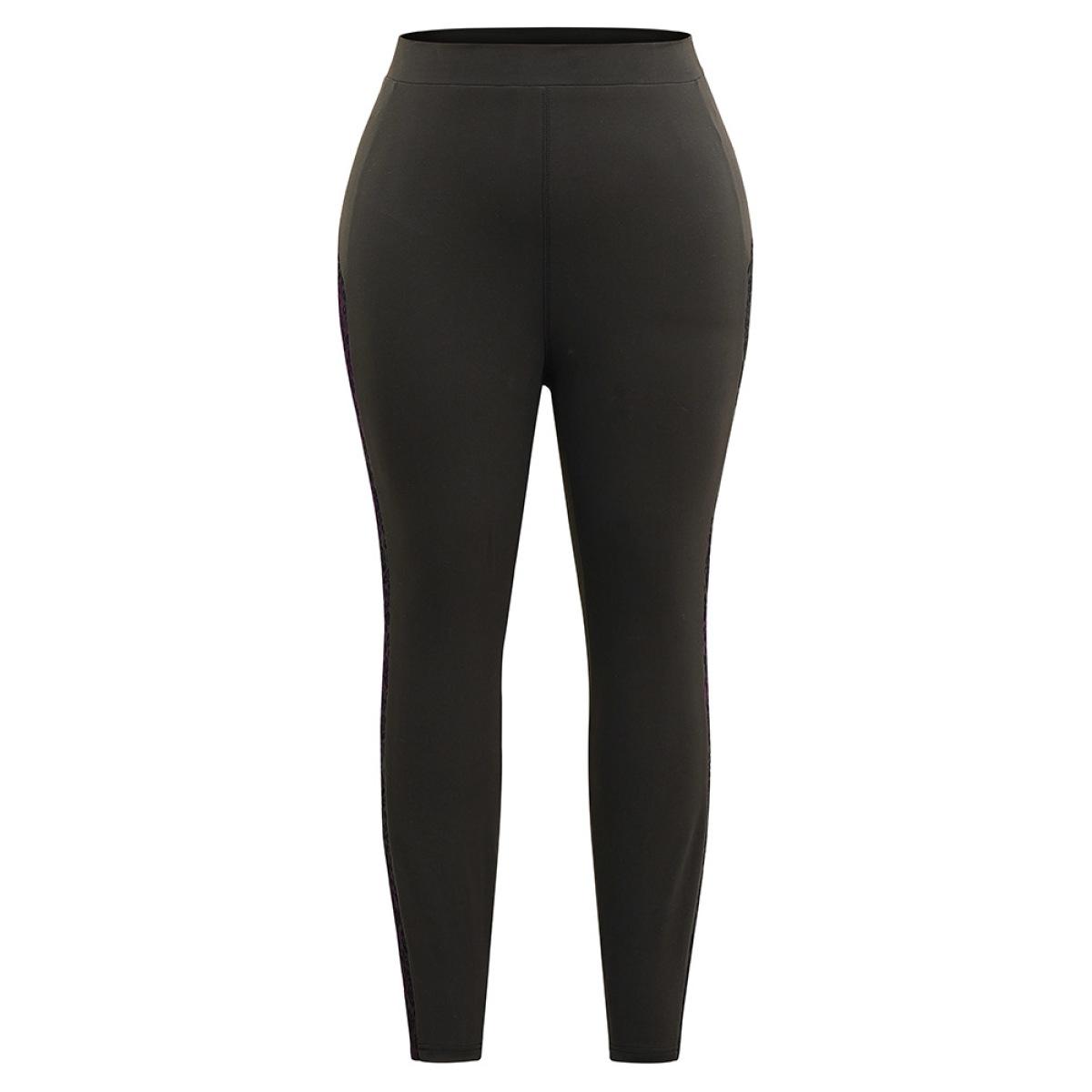 Plus Size Silhouette Floral Print Flocking Mesh Patchwork Leggings Women Black Casual High stretch Skinny High Rise Dailywear Leggings BloomChic 28/5X Product Image