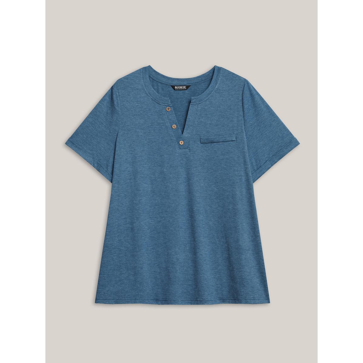 Plus Size Button-Front Half Sleeve Fitted T-Shirt Cerulean Women Leisure Roll Hem Notched collar Casual T-shirts BloomChic 28/5X Product Image