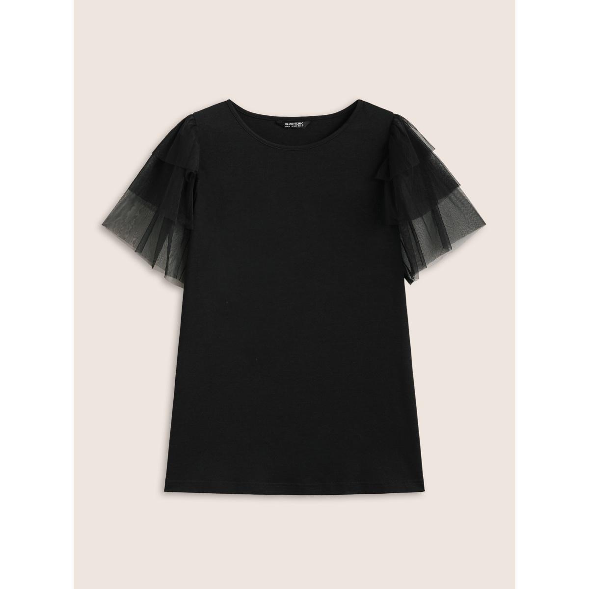 Plus Size Crew Neck Tiered Mesh Patchwork T-shirt Black Women Elegant See through Round Neck Everyday T-shirts BloomChic 12/L Product Image