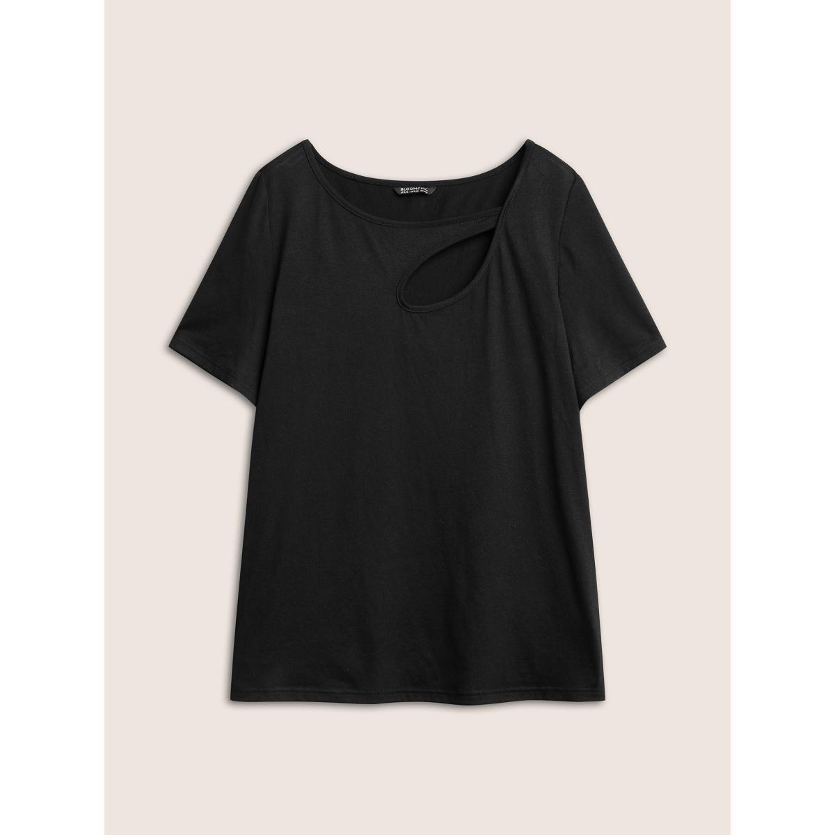 Plus Size Solid Asymmetrical Hem Cut Out T-shirt Black Women Casual Cut-Out Plain Asymmetrical Neck Everyday T-shirts BloomChic 22-24/3X Product Image