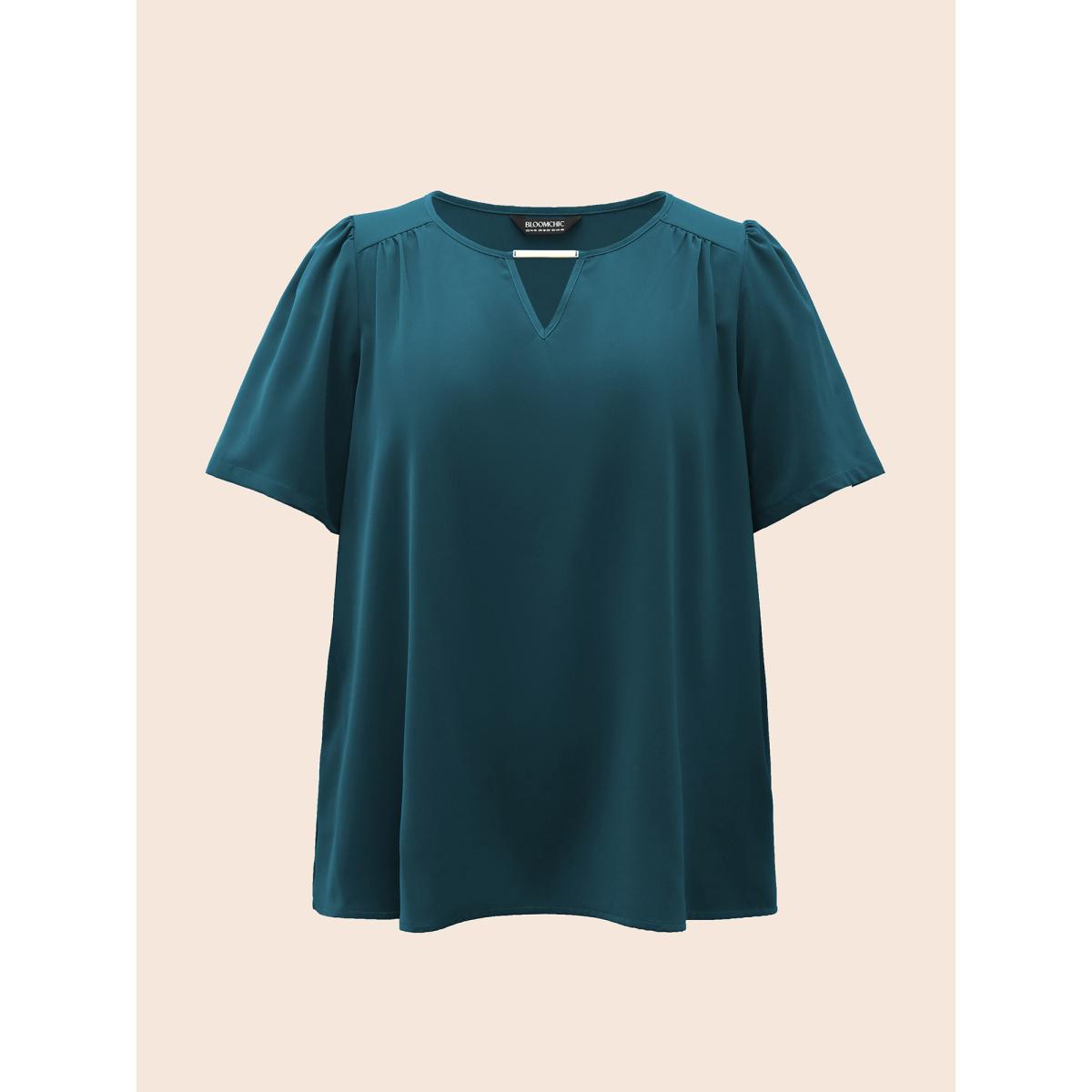 Plus Size Cyan Anti-Wrinkle Plain Metal Detail Keyhole Neck Blouse Women Office Short sleeve V-neck Work Blouses BloomChic 14-16/1X Product Image