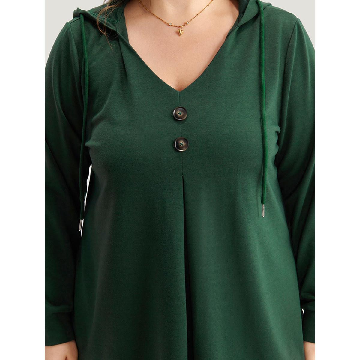 Plus Size Hooded Button Detail Plicated Detail Sweatshirt Women DarkGreen Casual Plain Hooded Everyday Sweatshirts BloomChic 14-16/1X Product Image