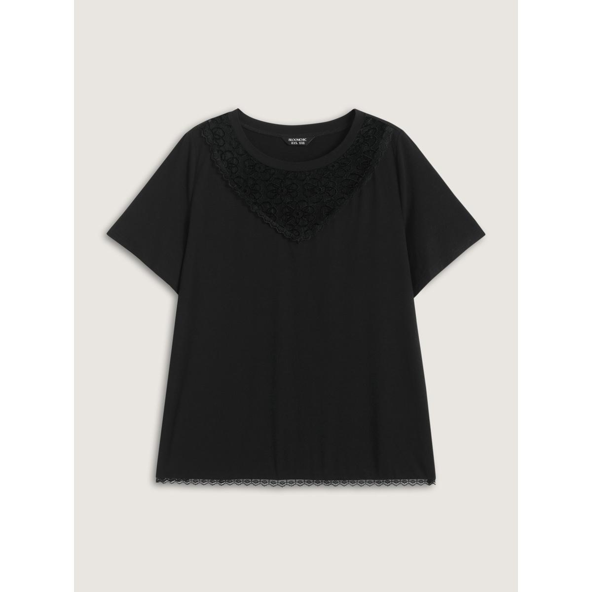 Plus Size Lace Neck Flowy Sleeve Solid T-Shirt Black Women Round Neck Vacation T-shirts BloomChic 28/5X Product Image