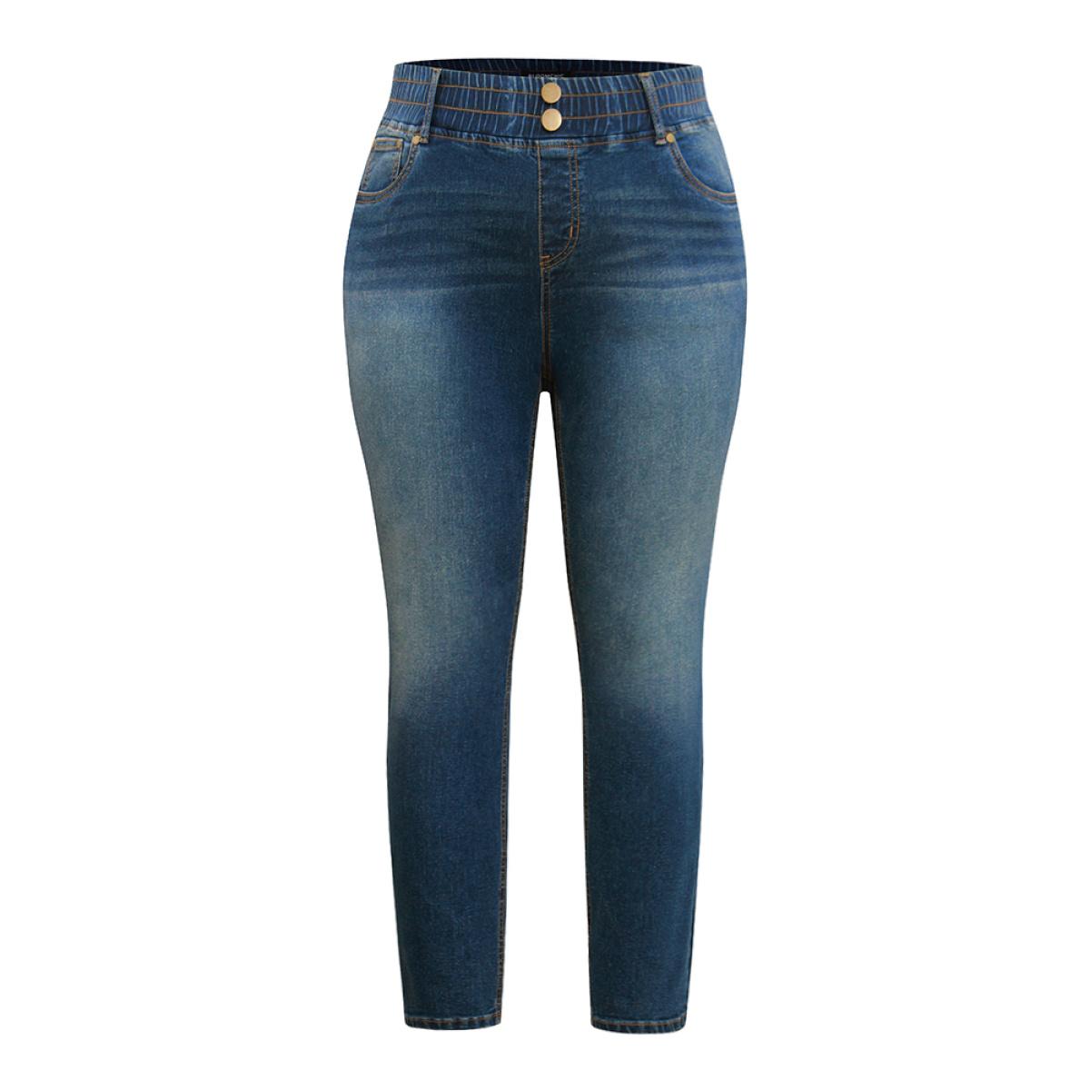 Plus Size Elastic Waist Button Detail Skinny Medium Wash Jeans Women Indigo Casual Plain Plain High stretch Pocket Jeans BloomChic 28/5X Product Image