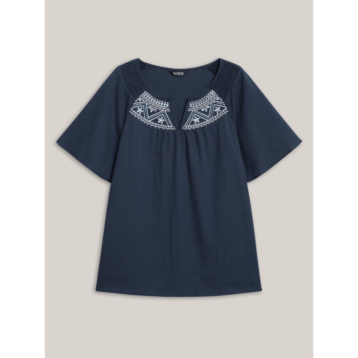 Plus Size Indigo Cotton Boho Embroidered Neck Shirred Shoulder Blouse Women Boho Half Sleeve Notched collar Vacation Blouses BloomChic 26/4X Product Image