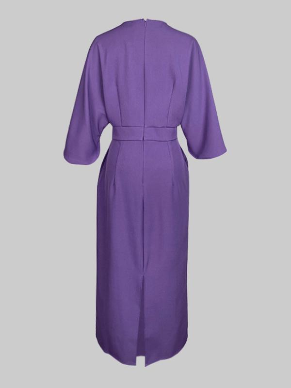 Loose Puff Sleeves Pleated Solid Color Split-Joint Round-Neck Midi Dresses Product Image