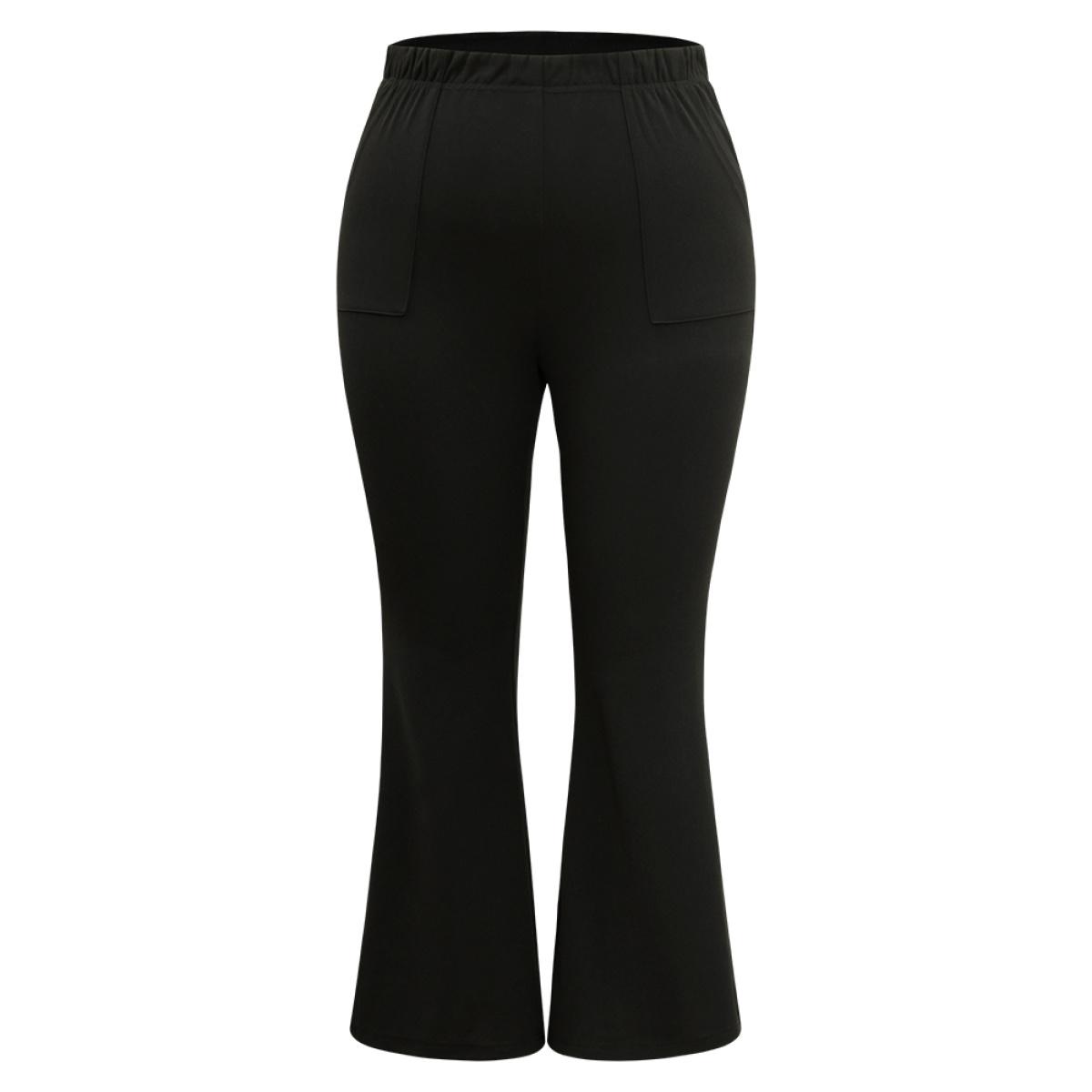 Plus Size Solid Pocket Flare Leg Elastic Waist Pants Women Black Office Flare Leg High Rise Office Pants BloomChic 28/5X Product Image