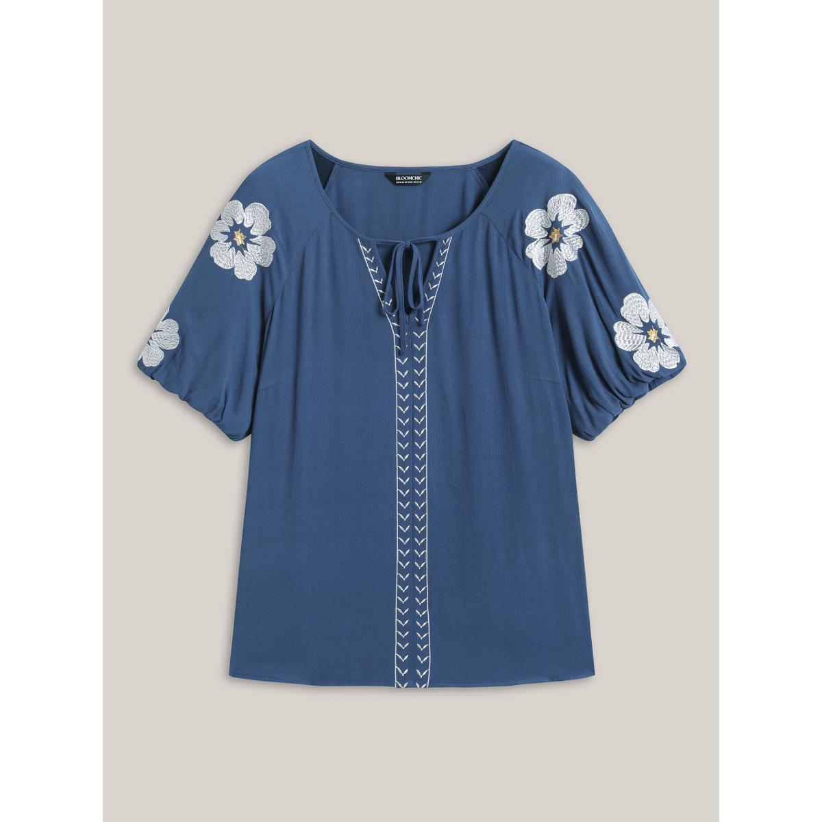 Plus Size DarkBlue Floral Embroidery Textured Neck Tie Blouse Women Boho Half Sleeve Flat collar with V-notch Vacation Blouses BloomChic 10/M Product Image
