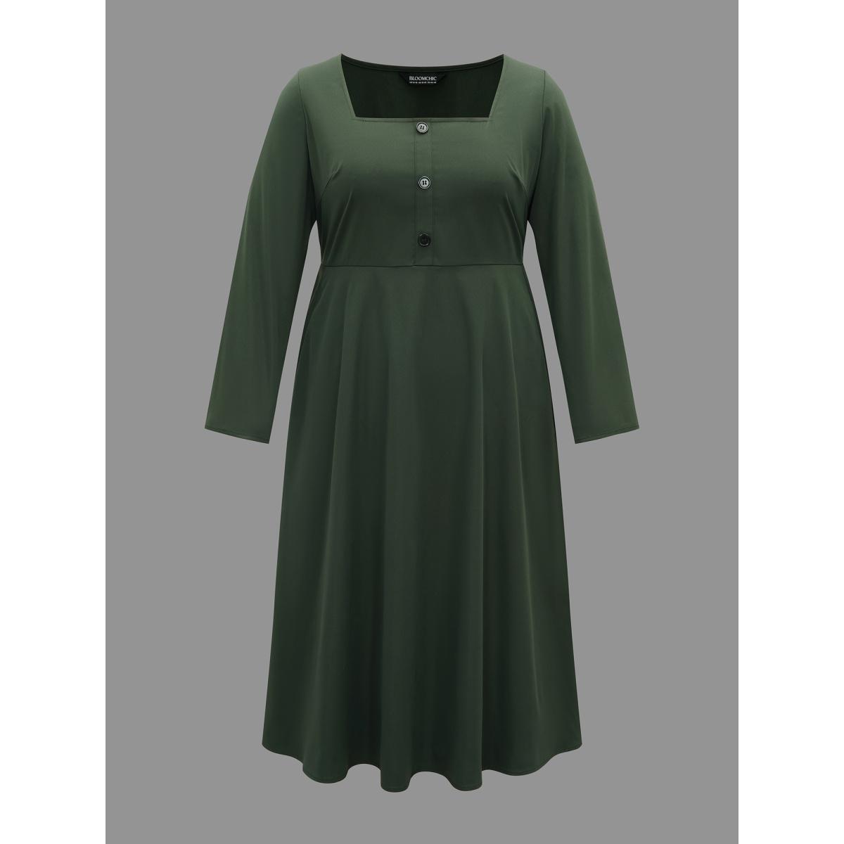 Plus Size Square Neck Plain Button Detail Dress DarkGreen Women At the Office Button Square Neck Long Sleeve Curvy BloomChic 10/M Product Image