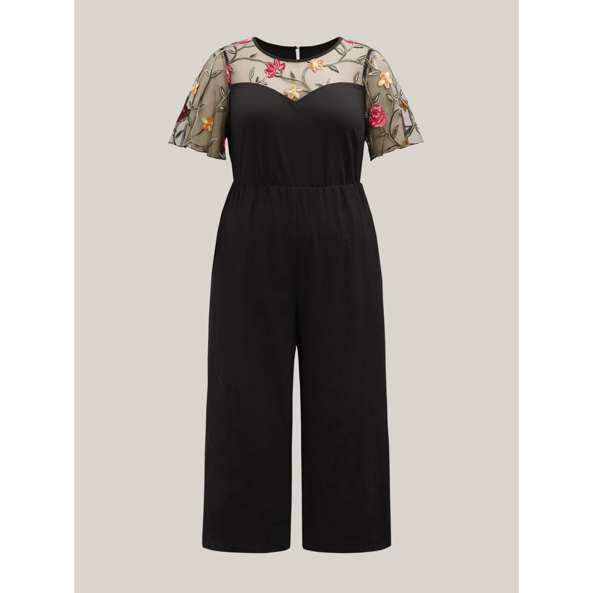 Plus Size Black Floral Mesh Embroidered Flared Jumpsuit Women Elegant Short sleeve Round Neck Everyday-Elegant Loose Jumpsuits BloomChic 10/M Product Image