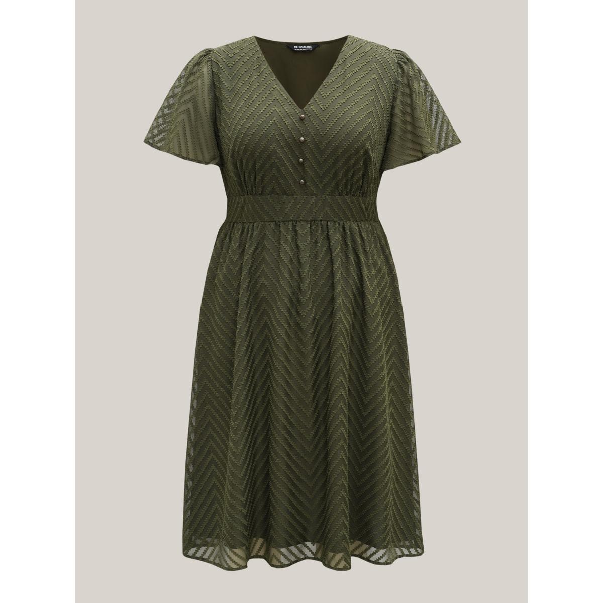 Plus Size Textured Woven-Like Cinched-Waist Midi Dress ArmyGreen Women Timeless V-neck Short sleeve Curvy BloomChic 22-24/3X Product Image
