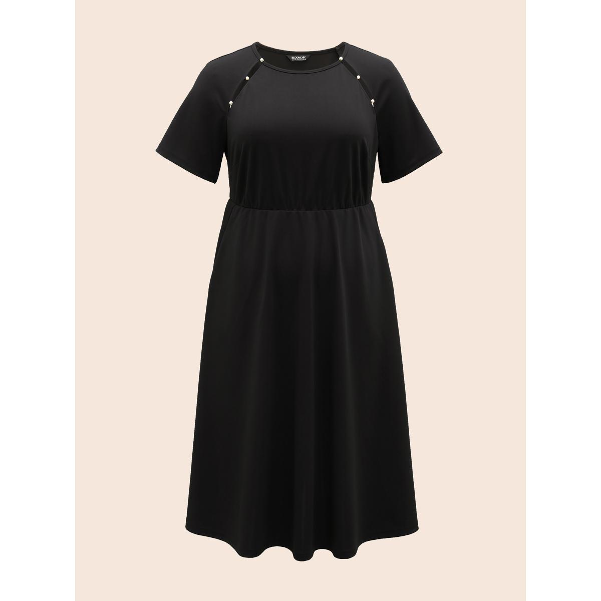 Plus Size Pearl Beaded Cut Out Raglan Sleeve Dress Black Women Elegant Beaded Round Neck Short sleeve Curvy BloomChic 18-20/2X Product Image