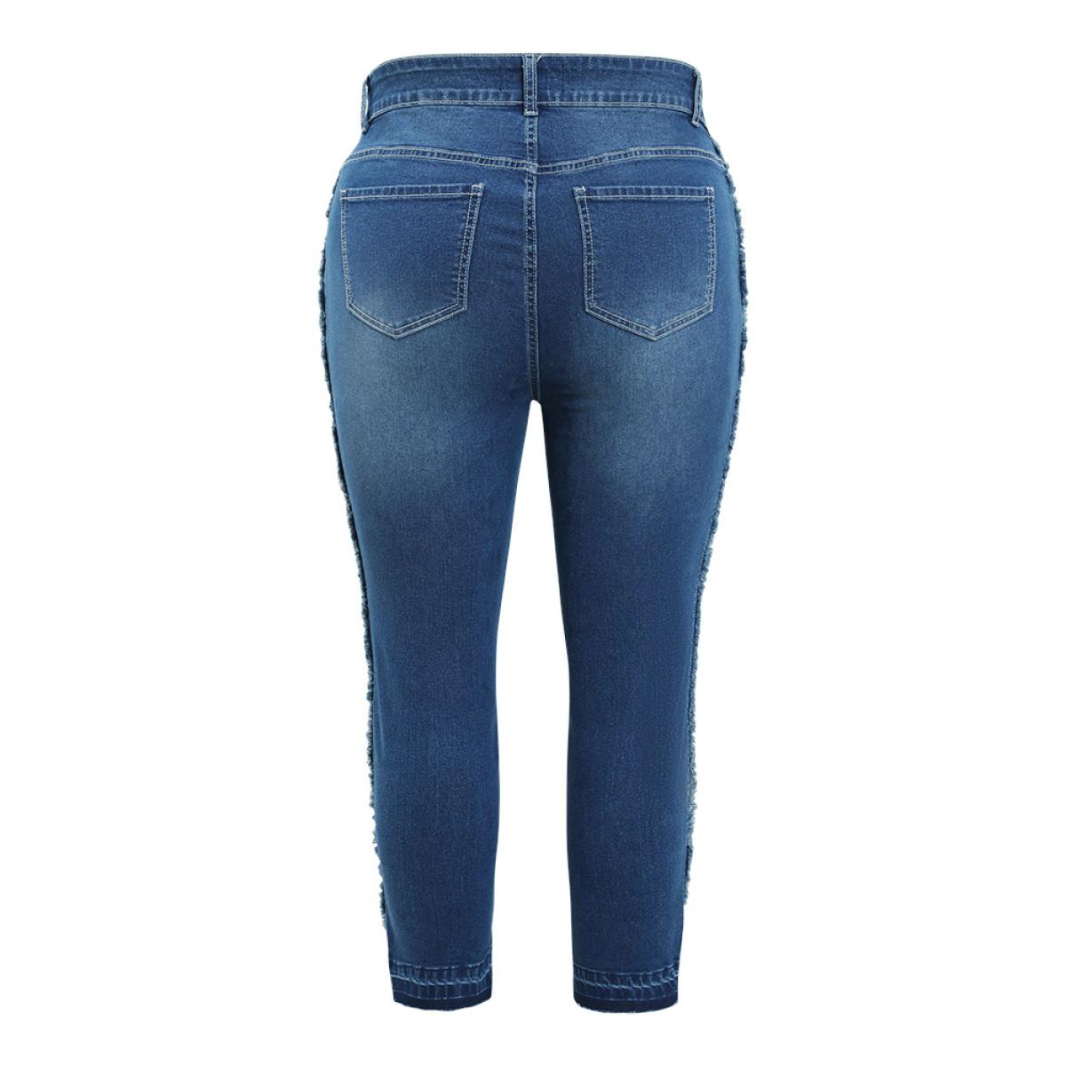 Plus Size Very Stretchy High Rise Medium Wash Raw Trim Jeans Women Blue Casual Plain Distressed High stretch Jeans BloomChic 30/6X Product Image