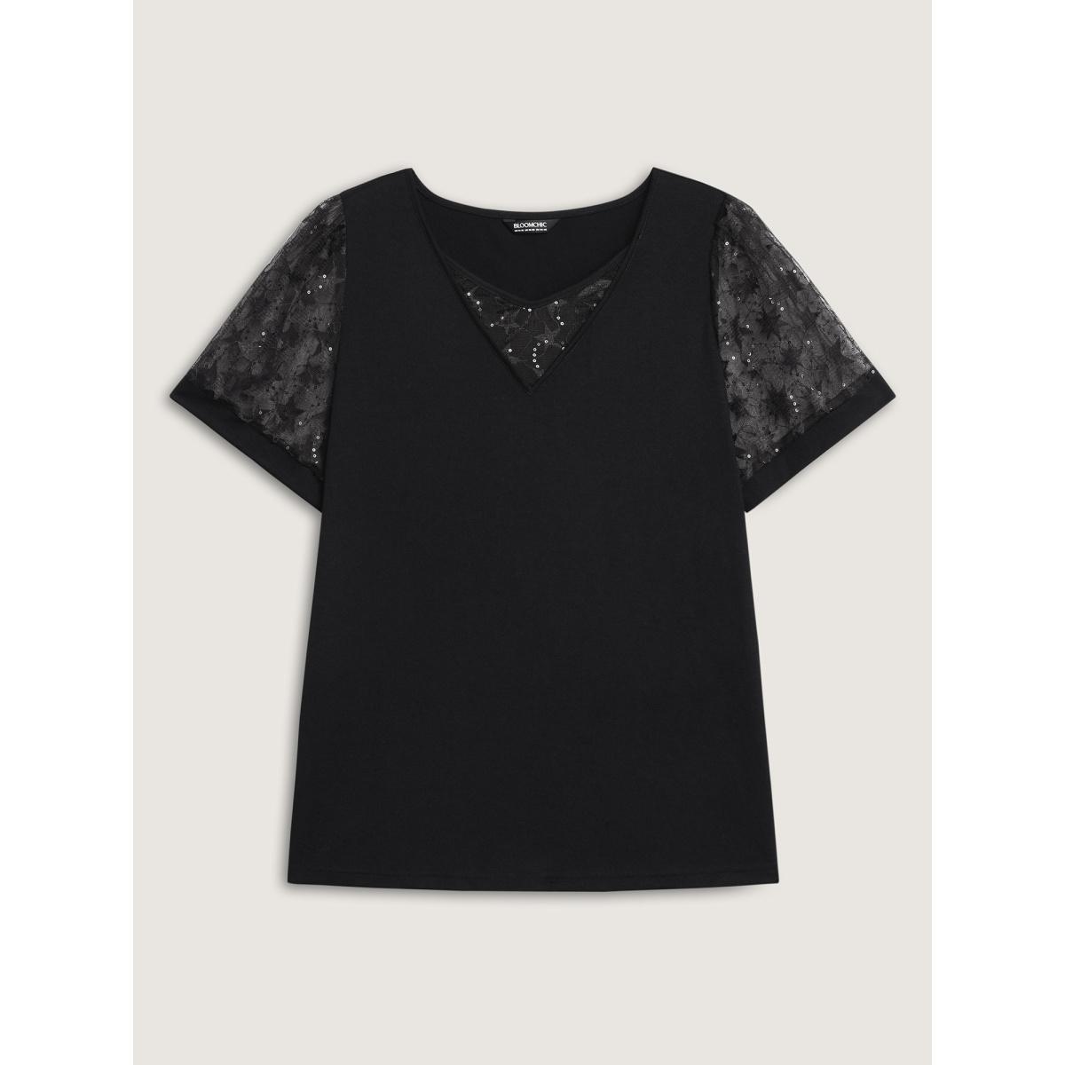 Plus Size Beaded Mesh Sheer Patchwork T-Shirt Black Women Gathered V-neck Everyday-Elegant T-shirts BloomChic 14-16/1X Product Image