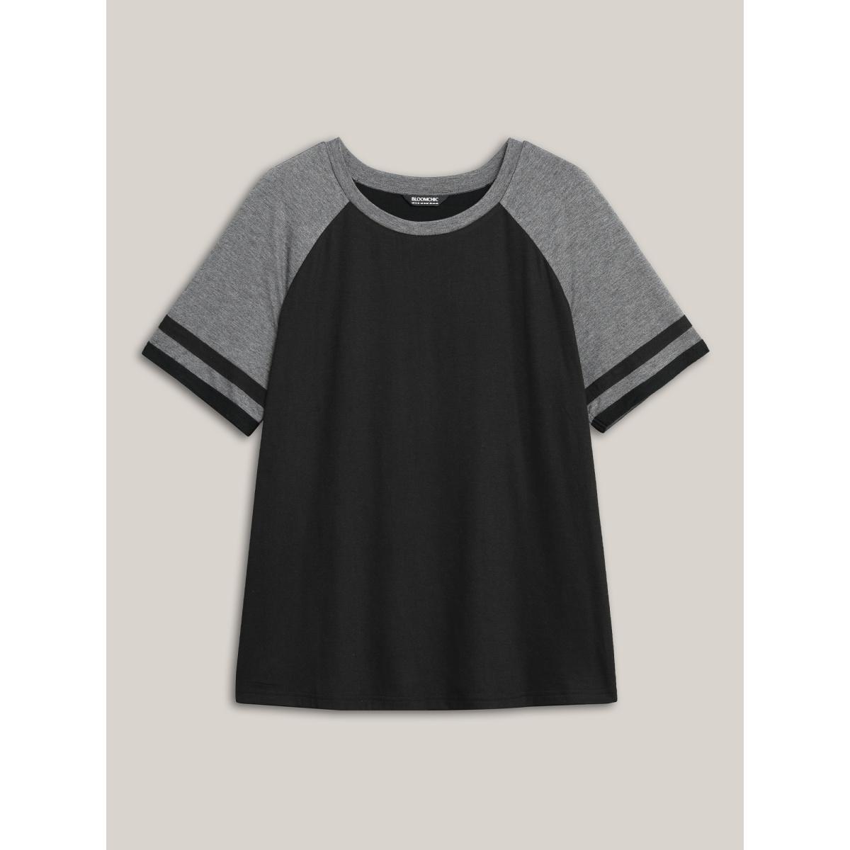 Plus Size Color Block Stretchy Raglan Sleeve T-Shirt Black Women Leisure Contrast Round Neck Casual T-shirts BloomChic 12/L Product Image