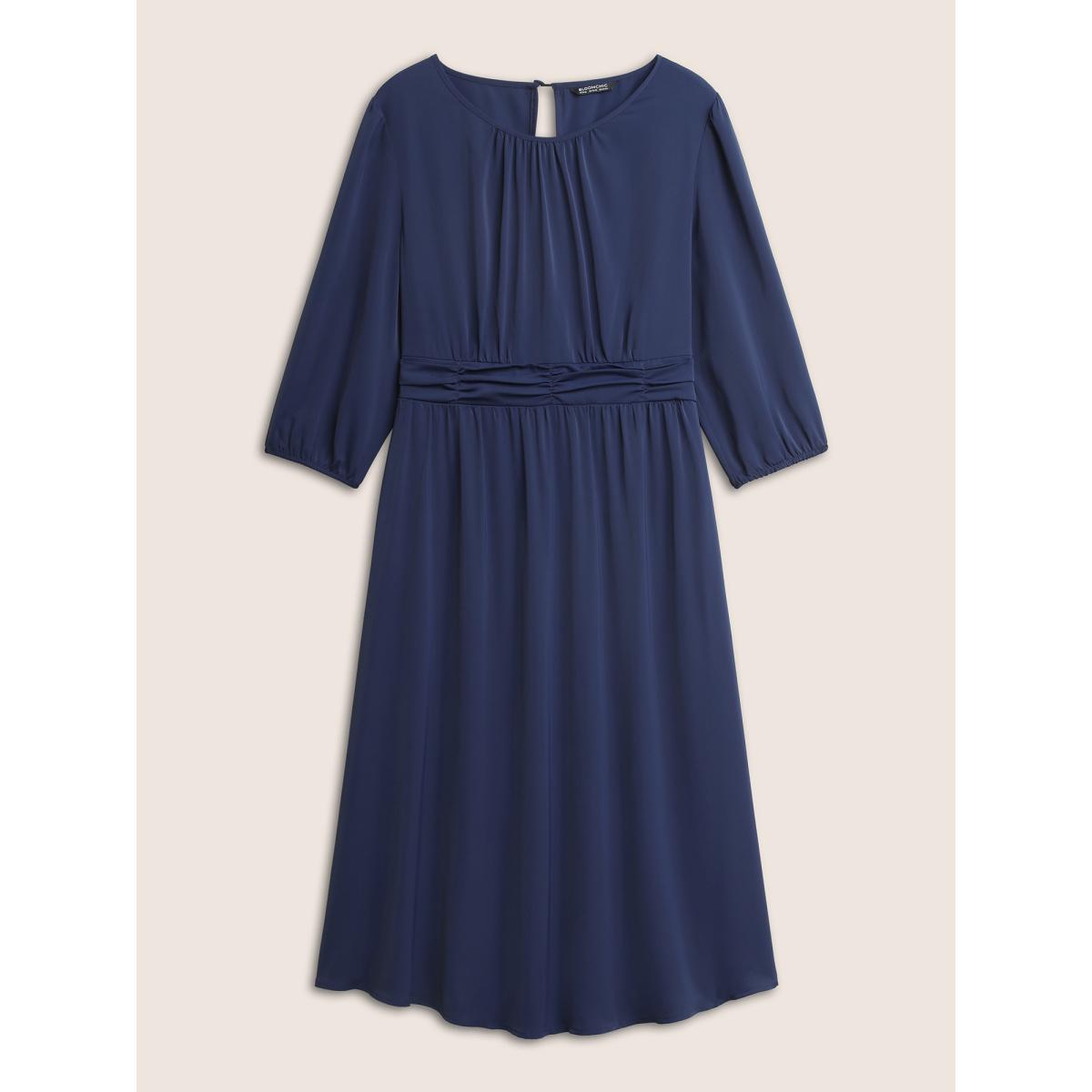 Plus Size Solid Elastic Waist Ruched Dress DarkBlue Women At the Office Non Round Neck Elbow-length sleeve Curvy Midi Dress BloomChic 12/L Product Image